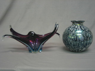 An Italian Murano pink glass shaped dish 17" and an Art Pottery vase 8"