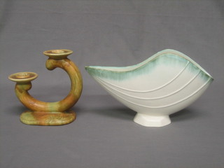 An Art Deco Shorter & Son brown glazed pottery twin light candelabrum 6" and a green and white boat shaped vase 12"