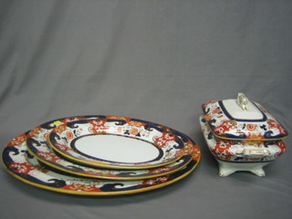 A 29 piece A Brothers Derby pattern Real Ironstone China dinner service comprising 3 graduated meat plates, circular comport 12", 2 twin handled vegetable tureens and cover, twin handled sauce tureen and cover, 6 soup plates 10", 6 dinner plates 10", 5 side plates 9" (1 cracked), 6 tea plates 7"