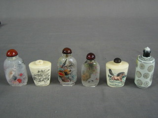 3 reproduction Interior painted glass snuff bottles, a porcelain snuff bottle and 2 ivory effect snuff bottles