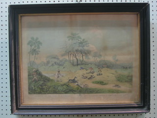 19th Century French coloured hunting print "Shooting at the Edge of the Jungle" 12" x 17"