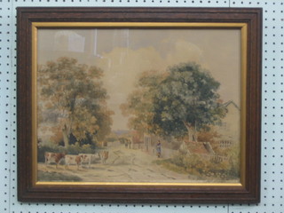 Albert Bowers, watercolour drawing "Near Lindfield Sussex, Country Scene with Cows in Lane" 14" x 18"