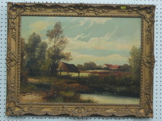 A Victorian oil painting on canvas "Country Scene with River, Track, Farm and Buildings in the Distance" monogrammed AB, re-lined and contained in a decorative gilt frame 15" x 21"