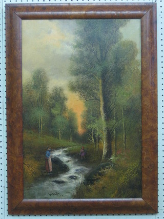 Walters, 19th Century oil on canvas "Lady and Child Gathering Sticks by a Wooded River" 23" x 16", re-lined, contained in a walnut frame