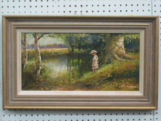 P J Attfield, oil on board "Child by a Wooded Lake" 10 1/2" x 15 1/2"