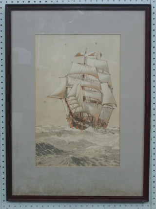 Harry Hudson Rodmell, watercolour "Three Masted Clipper in Full Sail" 17" x 11" (some foxing)