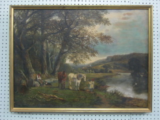 19th Century watercolour drawing "Seated Woodsman with Two Horses by a Lake" 19" x 26 1/2"