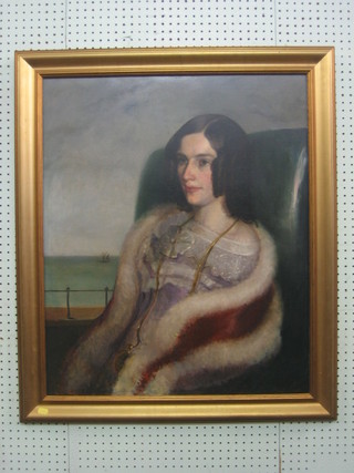 A 19th Century oil painting on canvas  head and shoulder portrait  "Seated Lady by a Shore Line with Ship in Distance" 30" x 24", re-lined