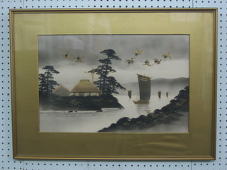 An Oriental print "Junks in Bay with Buildings and Herons" 12" x 17 1/2"