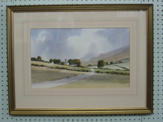 R Witchard, watercolour drawing "Rural Scene with Parkland, Church and Mountains in Distance" 9" x 15"