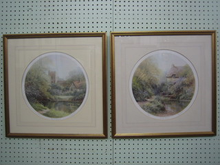 2 coloured prints after Hilary Scoffield "Tranquil Afternoon and Peaceful Stream" 10" circular