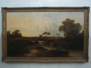 A 19th Century oil on canvas "Watering Cattle with Windmill in Distance" 29" x 50", the reverse marked heath scene evening 