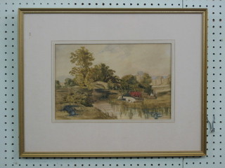 A 19th Century watercolour drawing "Country Scene with River, Bridge and Cattle" 8" x 12"