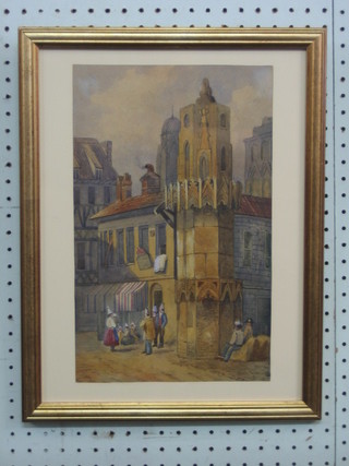 18th/19th Century Continental watercolour drawing "Street Scene with Towered Building and Figures" 14" x 9"