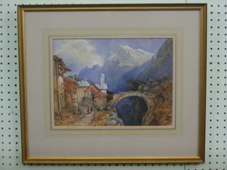 19th Century watercolour drawing "Alpine Scene with Mountain, Bridge and Church" monogrammed  CBT and dated 1891  20" x 12"