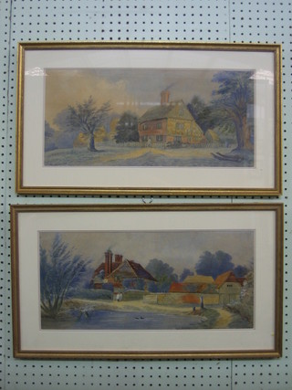 A pair of watercolour drawings "Half Timbered Country House and Country House by a Duck Pond" 8 1/2" x 19"