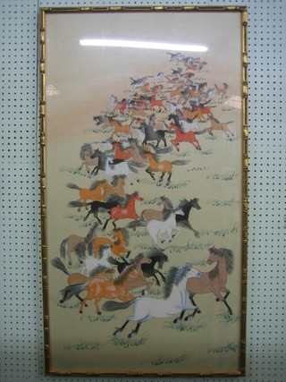 An Oriental print on silk "Running Horses" 42" x 23"