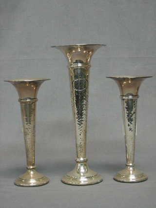 3 Edwardian planished silver trumpet shaped vases  9" and 7", Sheffield 1909
