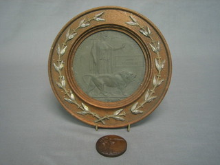 A WWI Death plaque to Percy Woodman, contained in an oak frame, together with a bronze Horsham Philatelic Society bronze medal