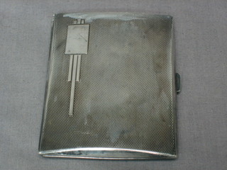 An Art Deco silver cigarette case with engine turned decoration, Birmingham 1935 with Jubilee hallmark, 2 ozs