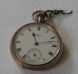 An open faced pocket watch by Waltham contained in a 9ct gold case