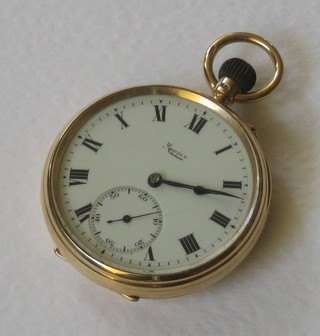 A gentleman's open faced keyless pocket watch with enamelled dial and Roman numerals by Mappin, contained in an 18ct gold case