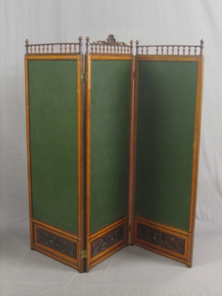 An Edwardian inlaid rosewood 3 fold draft screen with bobbin turned decoration