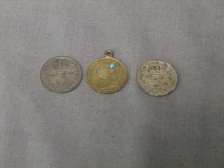A Victorian gilt 1899 Maundy thruppence set turquoise, a Victorian silver 1899 Maundy thruppence (holed) and a George V 1916 silver thruppence