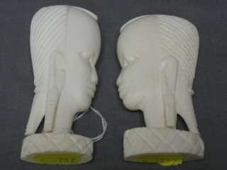 2 carved ivory portrait busts of Africans 4"