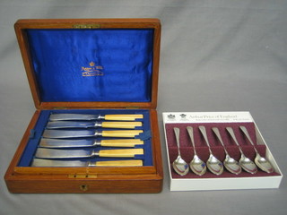 A set of 6 silver plated fish knives and forks by Mappin & Webb together with 6 Old English silver plated teaspoons