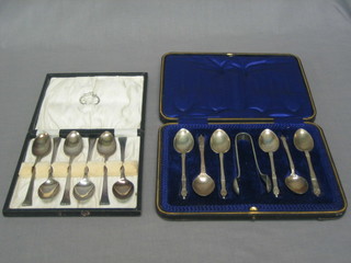 A set of 6 silver plated coffee spoons and a set of silver plated apostle spoons with tongs, cased