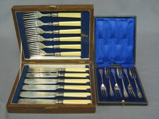 A set of 6 silver plated fish knives and forks and a set of 6 silver plated pastry forks