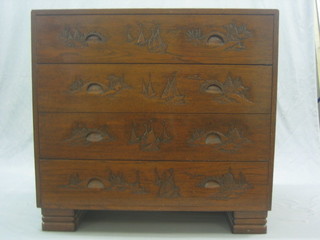 A 20th Century Hong Kong carved Padouk chest of 4 long drawers, carved Junks, 36"