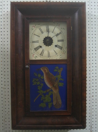 A 9th Century American striking wall clock with 8" paper dial, contained in a mahogany finished case with glass door painted a bird