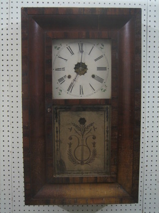 An American 30 hour wall clock by Jerome & Co., having a square painted dial and contained in a mahogany finished case