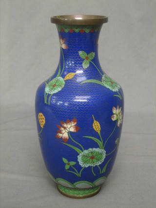 A blue ground cloisonnÃ© club shaped vase with floral decoration 10"