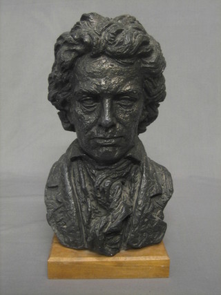 After Austin, a bronzed portrait bust of Beethoven, raised on a wooden base 14"