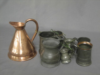 A copper harvest measure and 7 various pewter tankards