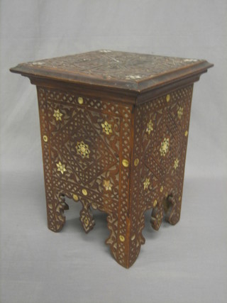 A square Eastern carved hardwood table, inlaid mother of pearl 13"