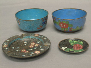 2 circular blue cloisonnÃ© bowls 4", a cloisonnÃ© ashtray and a cloisonnÃ© dish