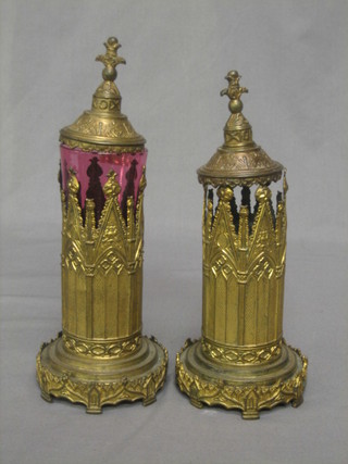 A pair of 19th Century Gothic style circular gilt metal vases 9"