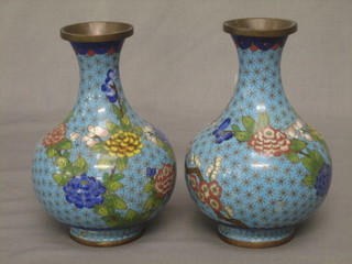 A pair of blue ground cloisonnÃ© club shaped vases with floral decoration 6 1/2"