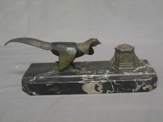 An Art Deco Continental marble and onyx inkwell decorated a figure of a walking pheasant 12" (tail f) 
