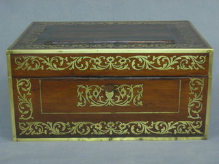 A Victorian rosewood and brass inlaid trinket box with hinged lid, 12"