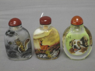 3 modern Oriental interior painted snuff bottles, 3"