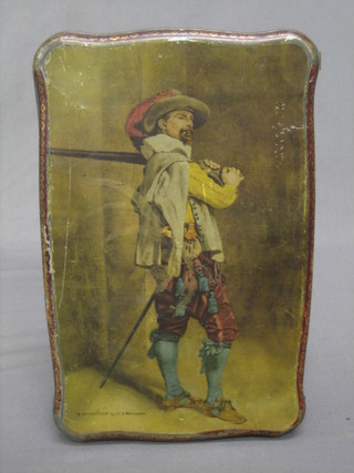 A Crawford chocolate biscuit tin, the lid decorated a Musketeer