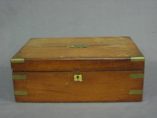 A 19th Century mahogany writing slope with brass banding and corner pieces, split to top 14"
