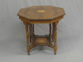 A Victorian octagonal inlaid rosewood 2 tier occasional table, raised on turned supports 30"