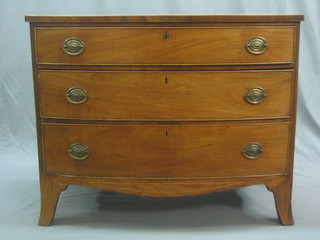 A Georgian mahogany bow front chest with crossbanded top and inlaid satinwood stringing, fitted 3 long drawers, raised on splayed bracket feet 39"