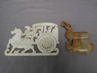 A carved Eastern hardstone plaque of a horse and cart 7 1/2"  together with a figure of a mythical beast 4" (chip to base)